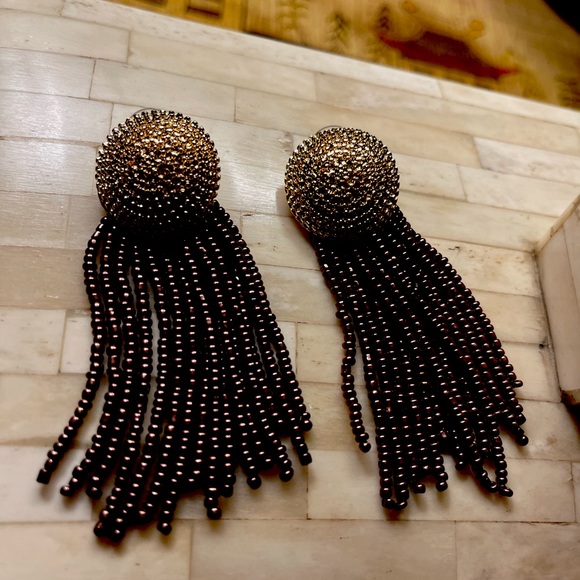 Pierced earrings posts with gold toned braided button long strands of beads - Picture 9 of 9